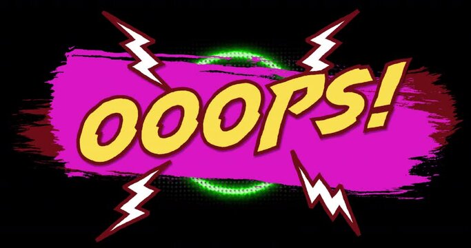 Animation of ooops text over neon circles on black background