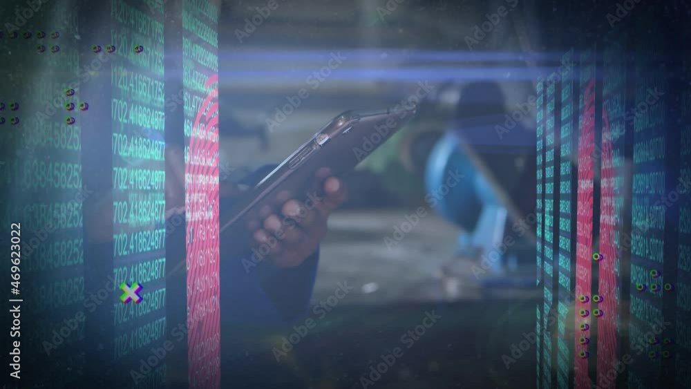 Poster animation of data processing and yellow dots over african american man using tablet