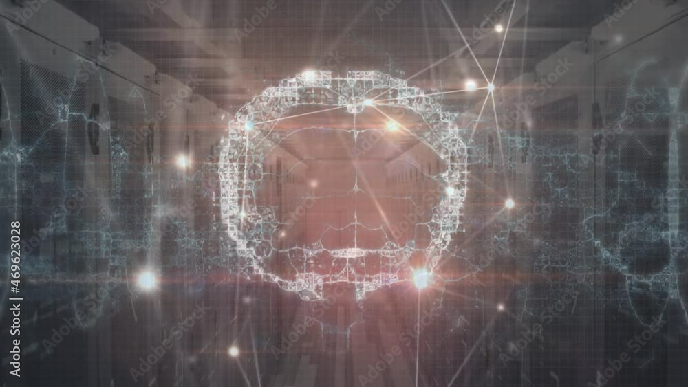 Aufkleber animation of digital brain and networks of connections over server room