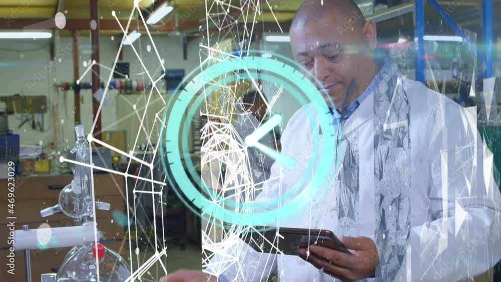 Aufkleber animation of moving clock and networks of connections over biracial male scientist working in lab