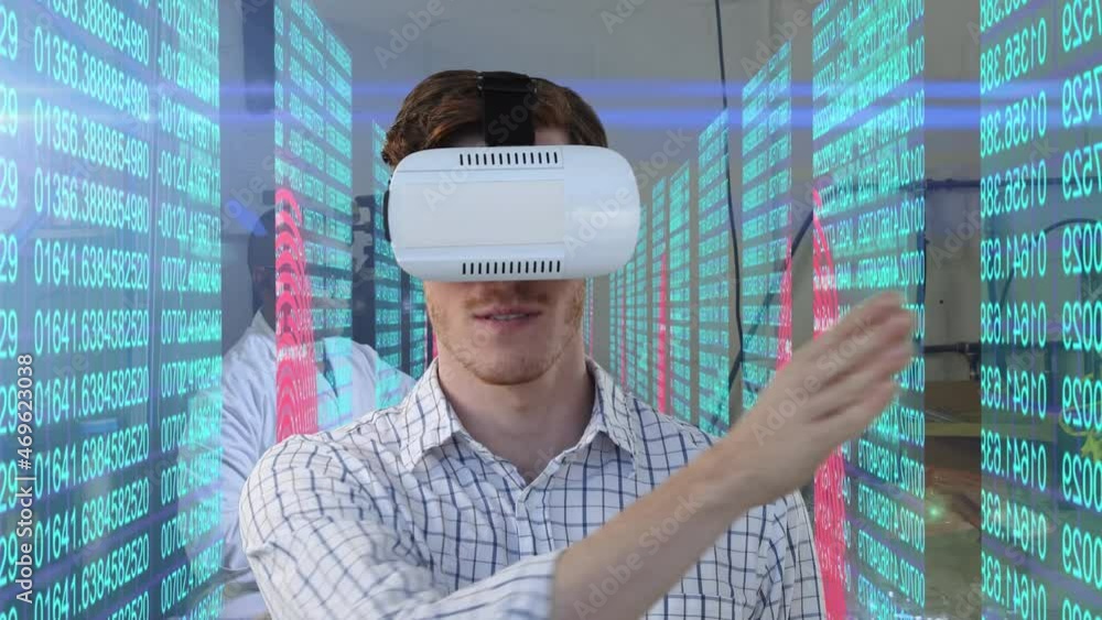 Aufkleber animation of caucasian man wearing vr headset and data processing over lab