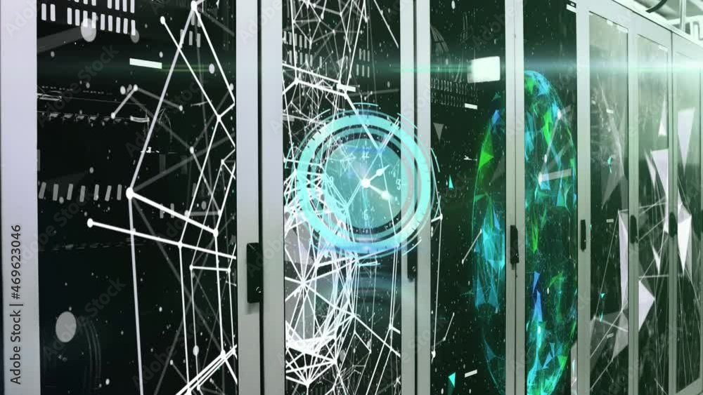 Poster animation of moving clock and networks of connections over server room