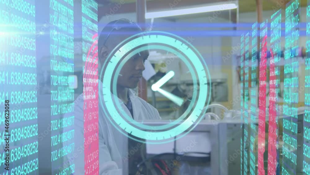 Poster animation of moving clock and data processing over african american male scientist working in lab
