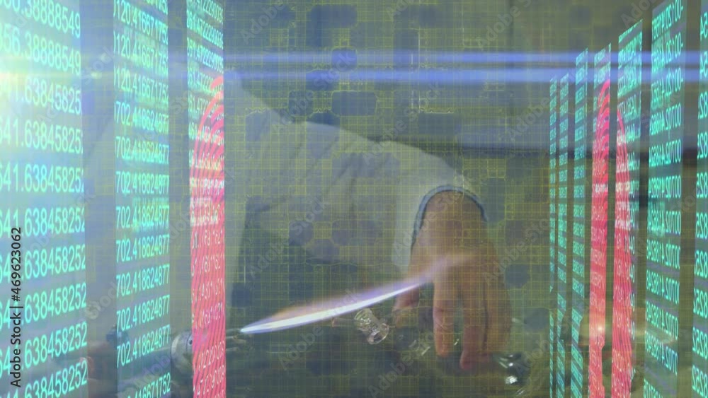 Poster animation of data processing over biracial male scientist working in lab