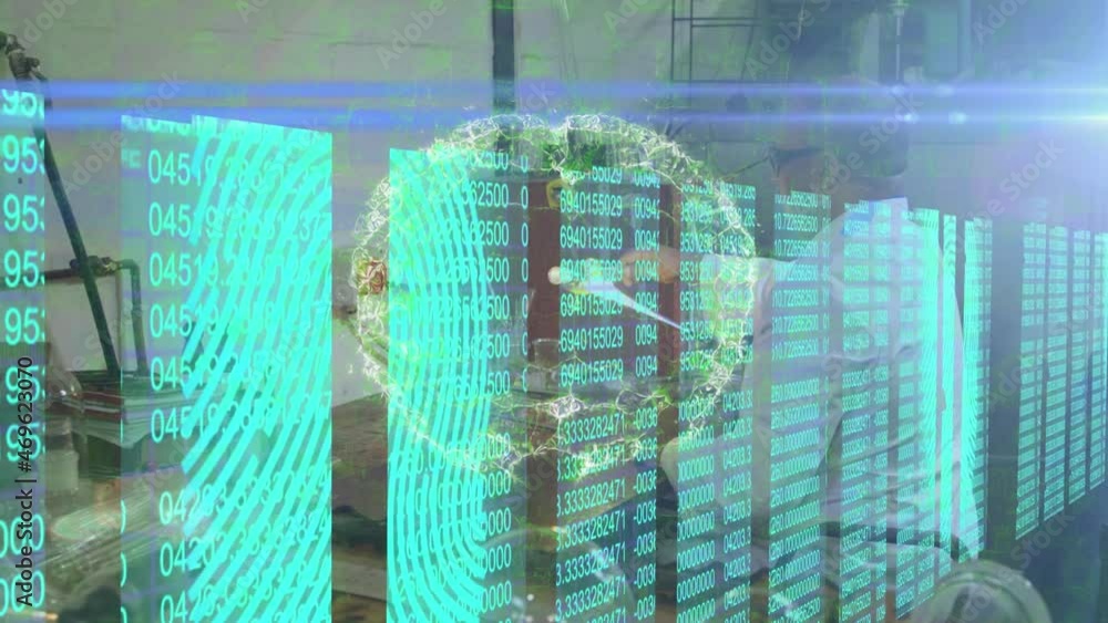 Poster animation of digital brain and data processing over biracial male scientist working in lab