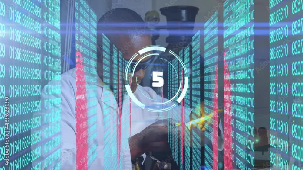 Aufkleber animation of scope scanning and data processing over african american male scientist working in lab