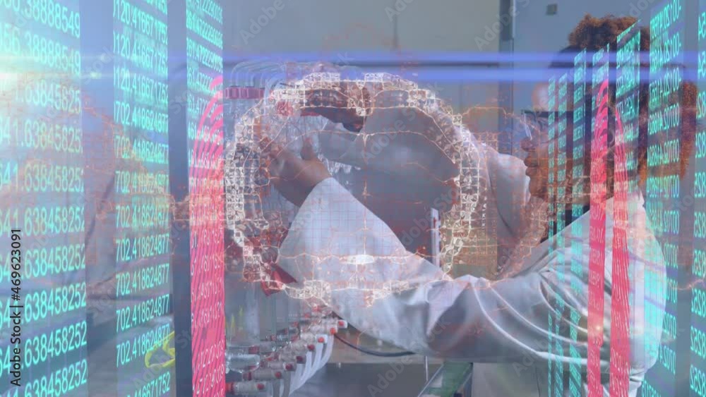 Aufkleber animation of digital brain and data processing over african american female scientist working in lab