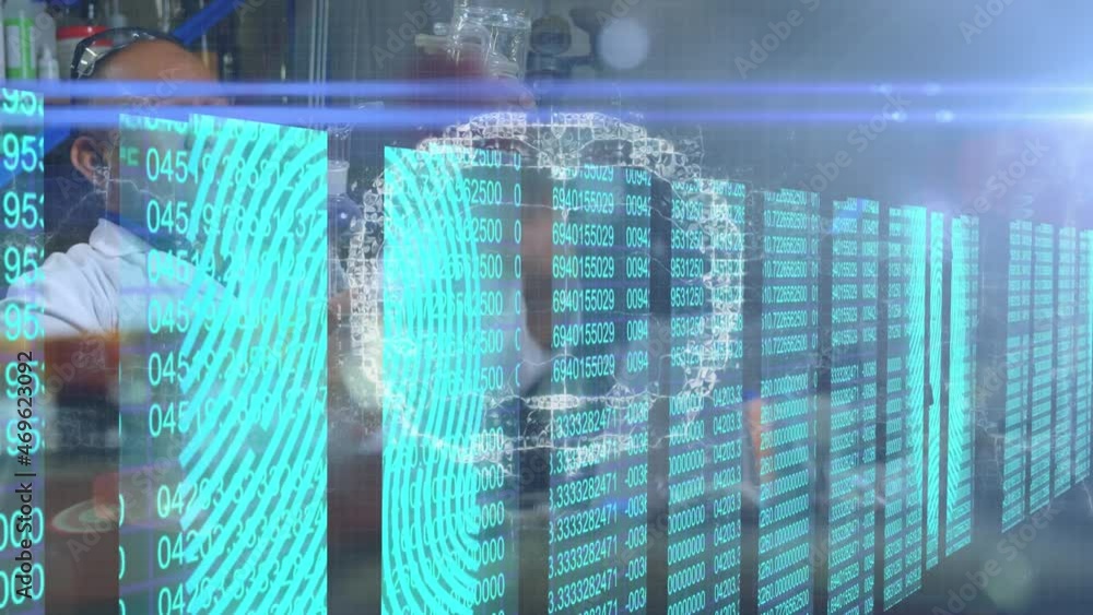 Poster animation of digital brain and data processing over biracial male scientist working in lab