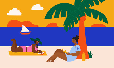 Obraz premium Illustration of two women reading at the beach