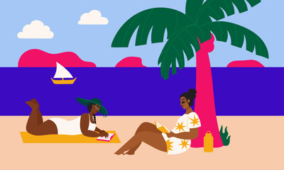 Obraz na płótnie Canvas Illustration of two women reading at the beach