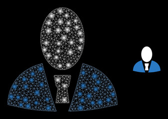 Glossy polygonal mesh net user profile icon with glare effect on a black background. Network user profile iconic vector with illuminated spheres in magic colors.