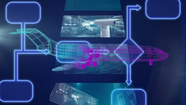 Animation of 3d airplane model spinning over shapes and data processing on blue background