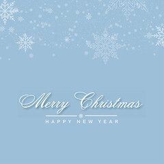 Fototapeta na wymiar Merry Christmas and Happy New Year card with falling snowflakes on blue sky, Vector