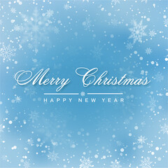 Naklejka na ściany i meble Merry Christmas and Happy New Year card with falling snowflakes on blue sky, Vector