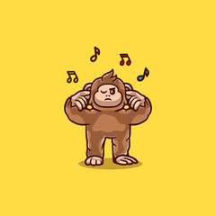 cute monkey illustration covering his ears because of music