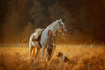 Beautiful young woman in English hunter wear style with Knabstrupper horse and Irish setter at autumn park - 469624420