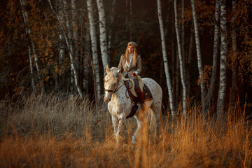 Beautiful young woman in English hunter wear style with Knabstrupper horse and Irish setter at autumn park - 469624433