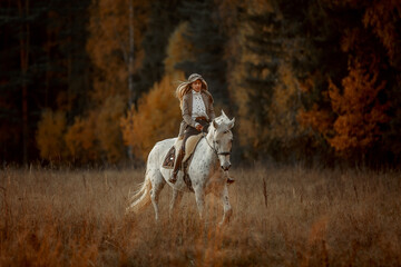 Beautiful young woman in English hunter wear style with Knabstrupper horse and Irish setter at autumn park - 469624451