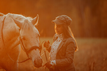 Beautiful young woman in English hunter wear style with Knabstrupper horse and Irish setter at autumn park - 469624463