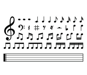 Set of musical notes. Black silhouette isolated on white background. Vector illustration