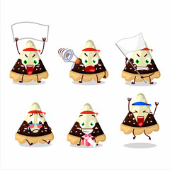 Mascot design style of slice of star chocolate pie character as an attractive supporter