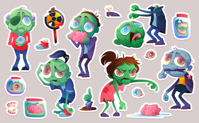 Obraz na płótnie Canvas Set of stickers cartoon zombie, funny halloween characters, brain, eye ball, headless corpse with raised arms, jaw in glass jar, hand stick up from grave, hazard lollipop Vector illustration, clip art