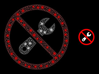 Glossy polygonal mesh net forbidden repair icon with glare effect on a black background. Network forbidden repair iconic vector with flash dots in magic colors. © Evgeny