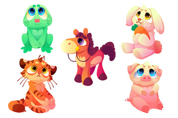 Plush toys, funny soft frog, horse, tiger with bunny and pig. Cute animals, stuffed dolls for child playing, furry creatures with kawai face and big eyes, isolated Cartoon vector illustration, set