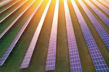 AERIAL: solar power plant panels in the field. Glare of the evening sun reflected in the solar...