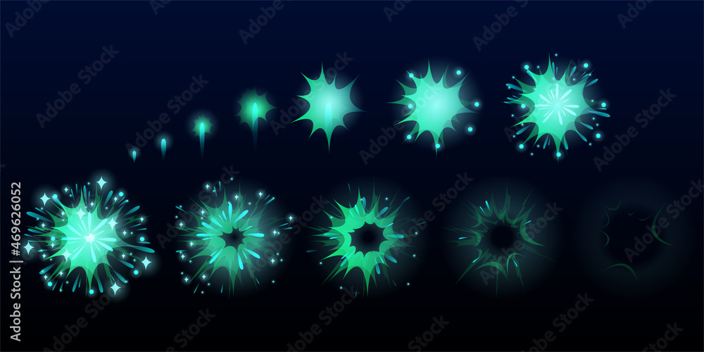Poster fireworks explode effect for game animation, burst sprites, user interface gui elements for videogam