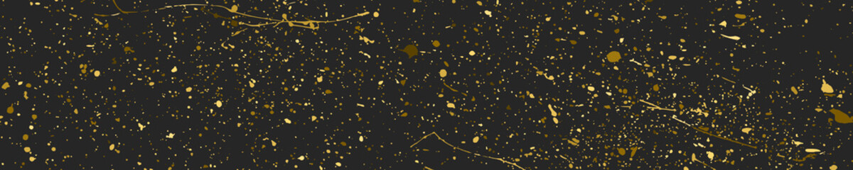 Gold Glitter Texture Isolated On Black. Abstract Golden Splashes. Wide Horizontal Long Banner. Panoramic Celebratory Background. Digitally Generated Image. Vector Illustration, EPS 10.