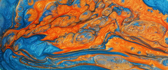 Abstract fluid art background blue  and gold colors. banner.Liquid marble texture. Acrylic painting.