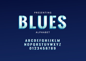 Modern sans serif custom style font, metallic alphabet letter and number