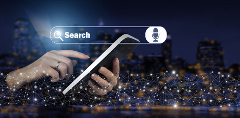 Search Bar for ui. Search Address and navigation bar icon. Hand touch white tablet with digital...