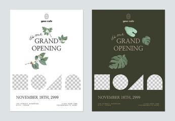 Foliage cafe grand opening flyer template decorated with various leaves, dark grey and white theme