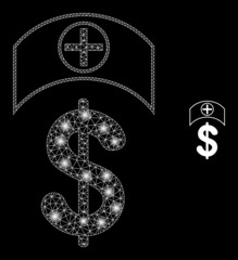 Glossy polygonal mesh net medicine price icon with glow effect on a black background. Carcass medicine price iconic vector with glowing dots in magic colors.