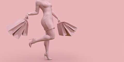 Shopper with shopping concept 3d illustration in pink color
