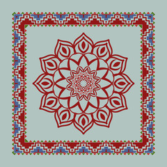 scarf pattern design . Geometric ornament with frame, border. Bandanna, shawl, scarf, tablecloth design for textile fabric print 