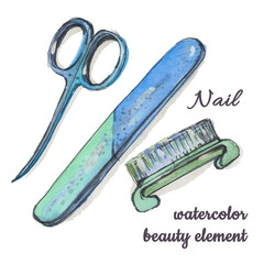 Nail polish scissors, file and brush Watercolor drawing on white background. Watercolour gradient blue and green blot colors