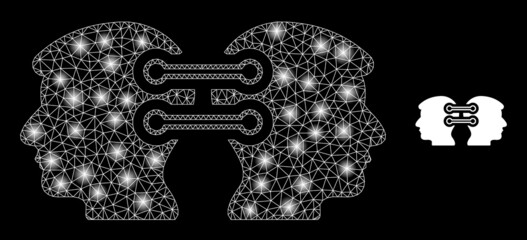 Glossy polygonal mesh web head links integration icon with glow effect on a black background. Network head links integration iconic vector with flash points in majestic colors. © Evgeny