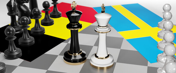 Belgium and Sweden - talks, debate, dialog or a confrontation between those two countries shown as two chess kings with flags that symbolize art of meetings and negotiations, 3d illustration