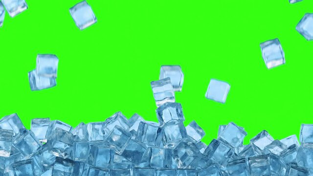 Falling ice cubes isolated on green background. 3d illustration. 4K video.