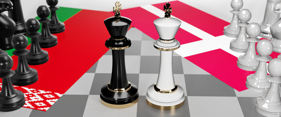 Belarus and Denmark - talks, debate, dialog or a confrontation between those two countries shown as two chess kings with flags that symbolize art of meetings and negotiations, 3d illustration