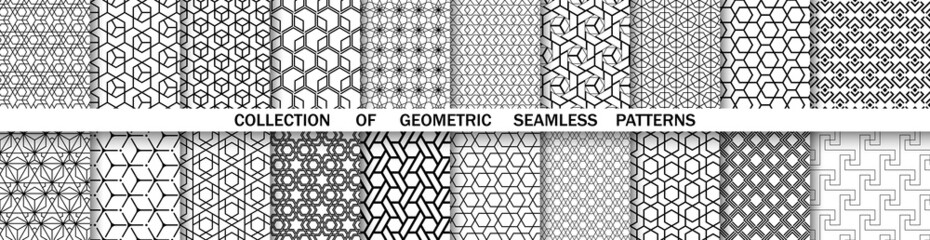 Geometric set of seamless black and white patterns. Simple vector graphics