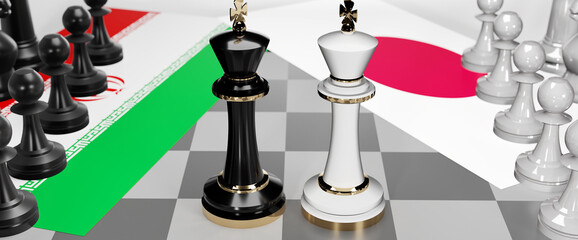 Iran and Japan - talks, debate, dialog or a confrontation between those two countries shown as two chess kings with flags that symbolize art of meetings and negotiations, 3d illustration