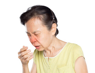 woman due to cough spread saliva and sore throat on white background