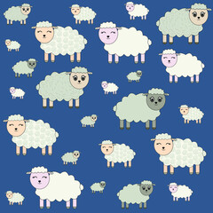Sheeps pattern on a blue background. Cute animals