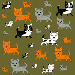 Dogs pattern on a brown background. Cute animals