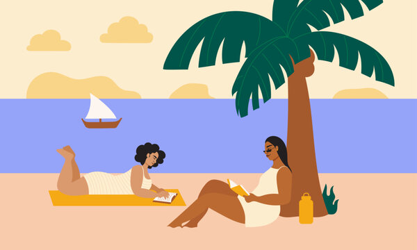 Illustration of two women reading at the beach