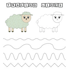 Tracing lines game with funny sheep. Worksheet for preschool kids, kids activity sheet, printable worksheet

